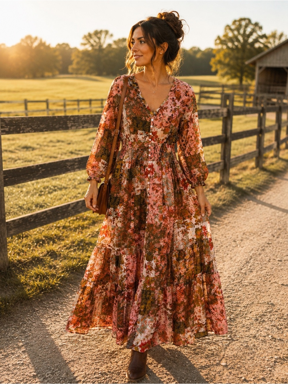 Talisman Bohemian Floral V-Neck Maxi Dress in Pink and Olive Fall flowy Sz m
